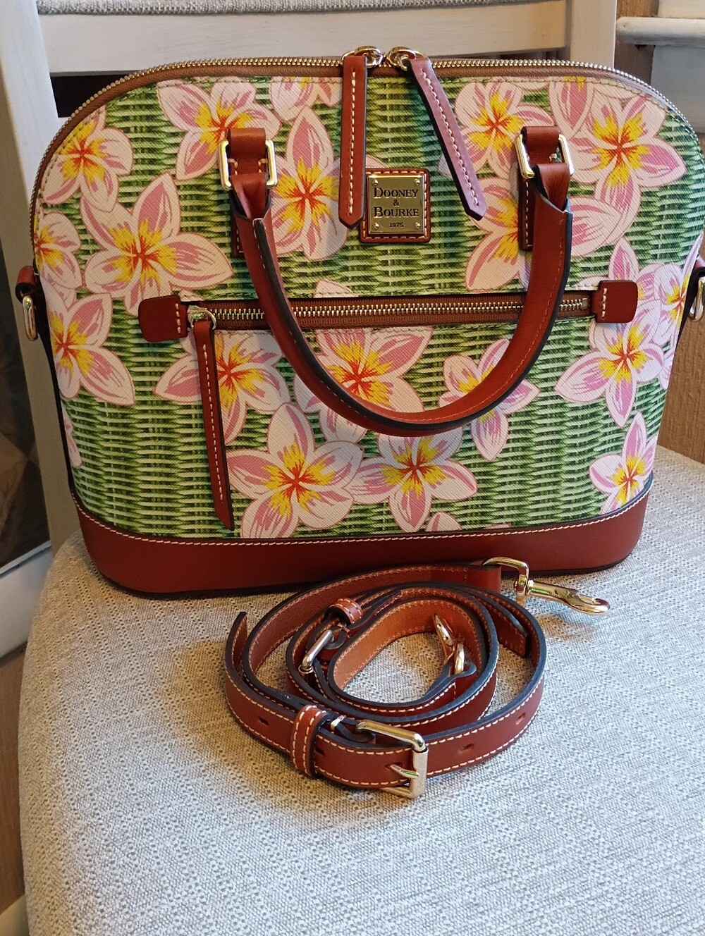 Dooney domed zip satchel plumeria floral basket weave pattern